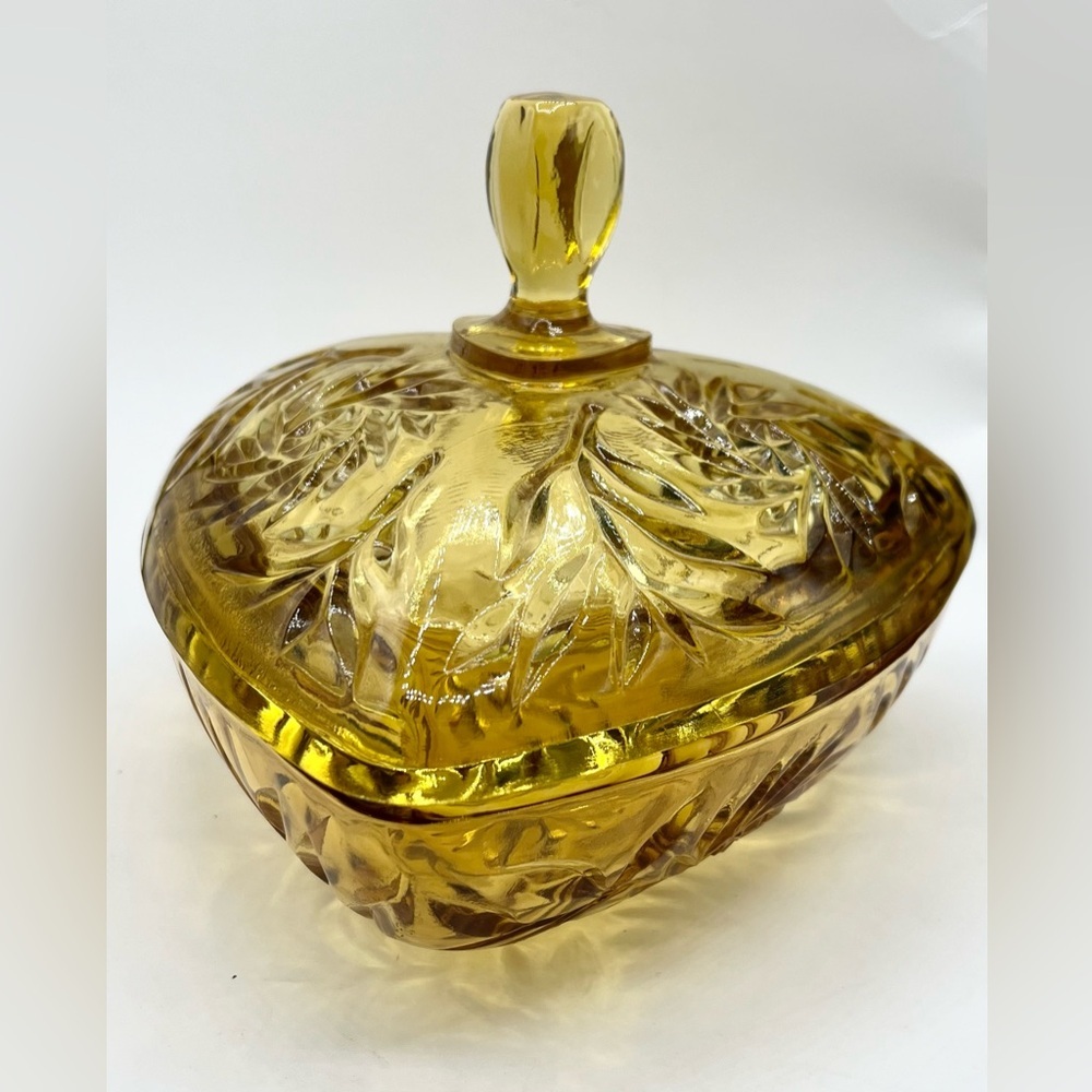 Vintage Hazel Atlas Amber Pinwheel Triangular Glass Candy Dish Bowl & Lid EUC